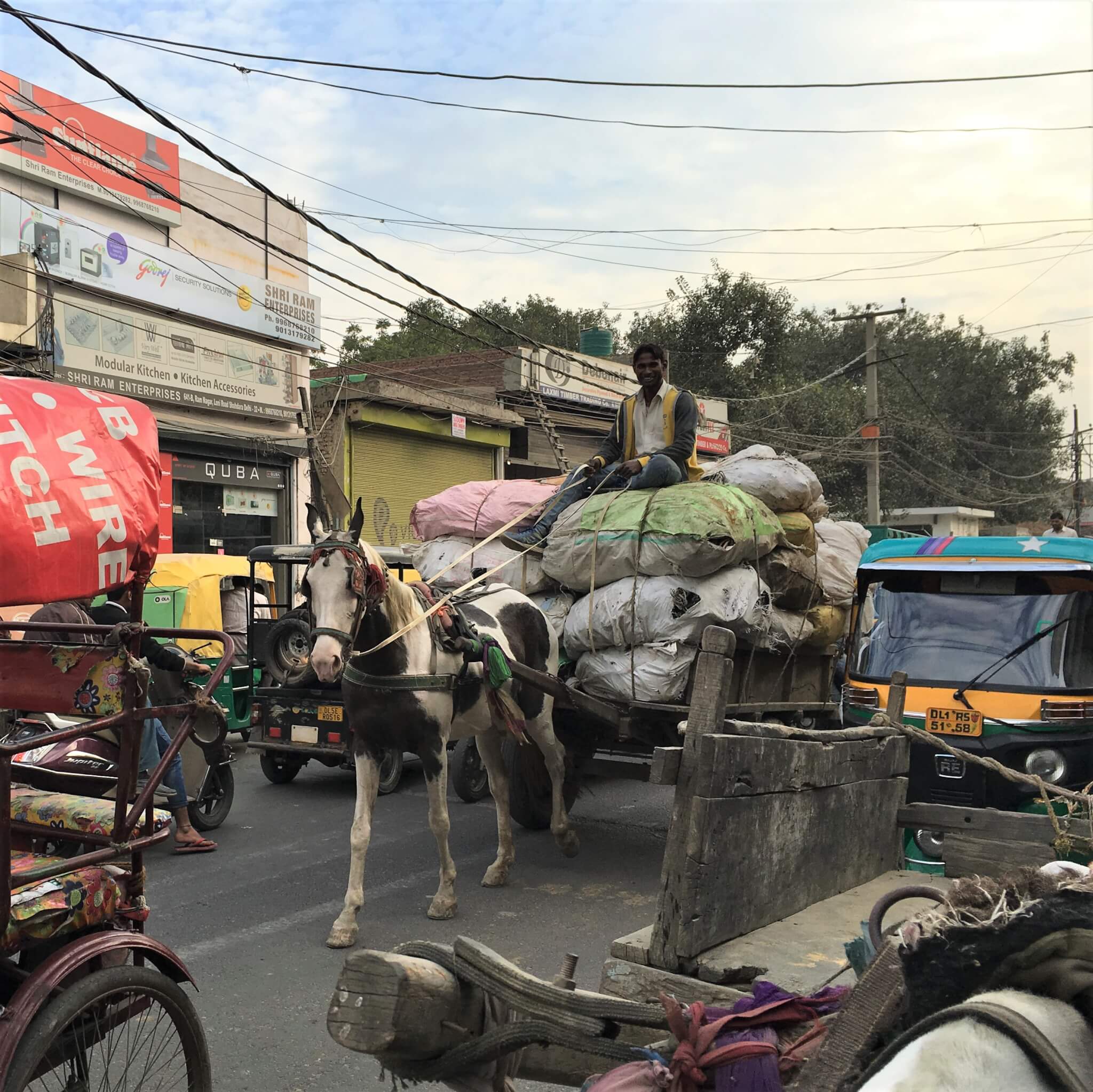 A horse pulls a cart piled high with cargo—and with the cart's driver seated at the top of the pile—through a busy Delhi street.