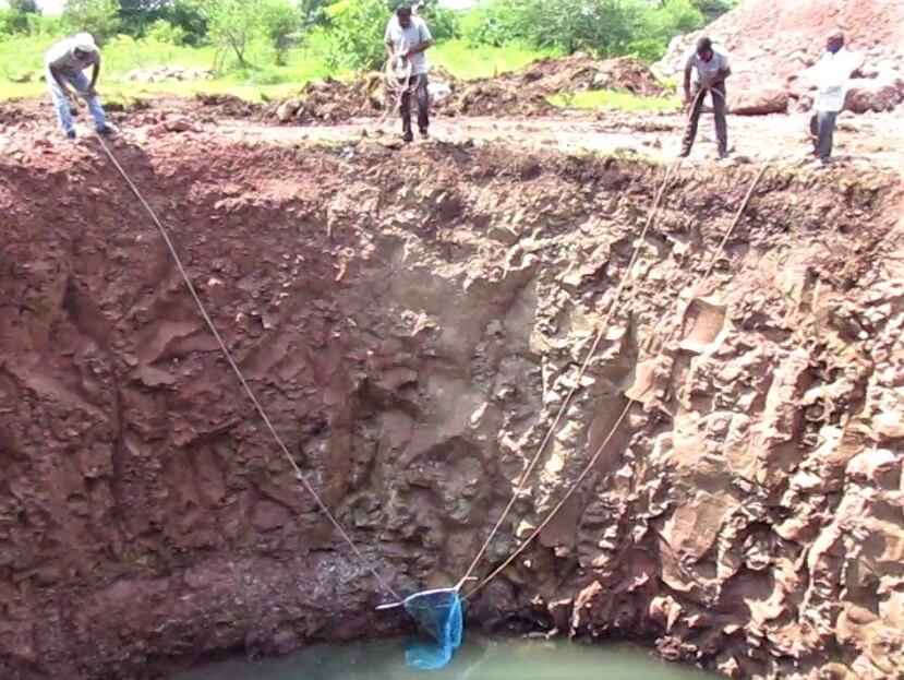 The rescue team uses ropes and a large net to catch the civet cat and hoist her out of the hole.